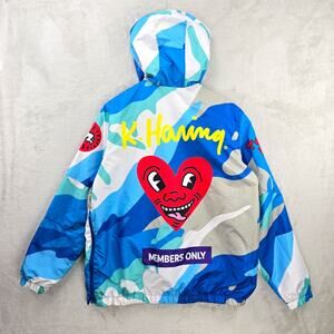 Members Only Keith Haring Windbreaker Mens Large Hooded Jacket Toyko Pop Heart